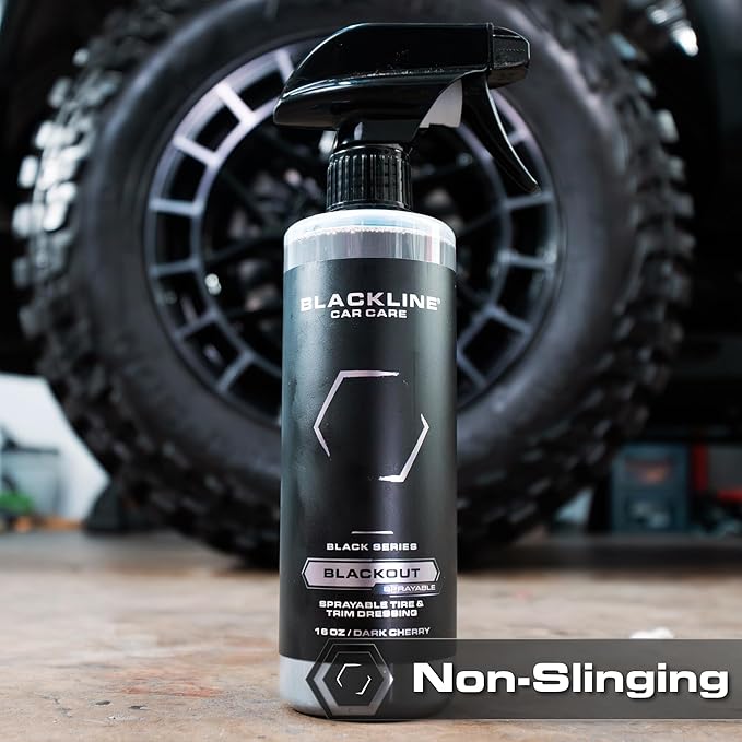 Blackline Blackout Sprayable Trim and Tire Dressing - Premium Satin Finish, No Sling, UV and Water Resistant - For Plastic, Rubber, Vinyl, and Tires - Safe for All Vehicles - 16 fl oz