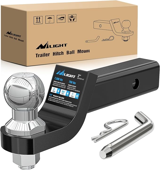 Nilight Trailer Hitch Ball Mount with 2-Inch Trailer Ball & 5/8" Hitch Pin Clip Fits 2-in Receiver 7500 lbs 2" Drop