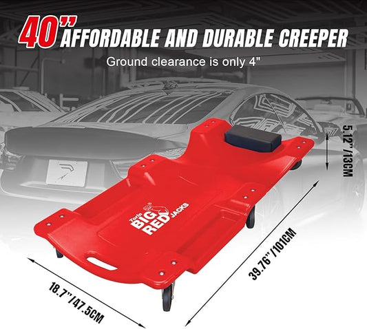 Big RED Torin Blow Molded Plastic Rolling Garage/Shop Creeper: 40" Mechanic Cart with Padded Headrest, Dual Tool Trays and 6 Casters, Red