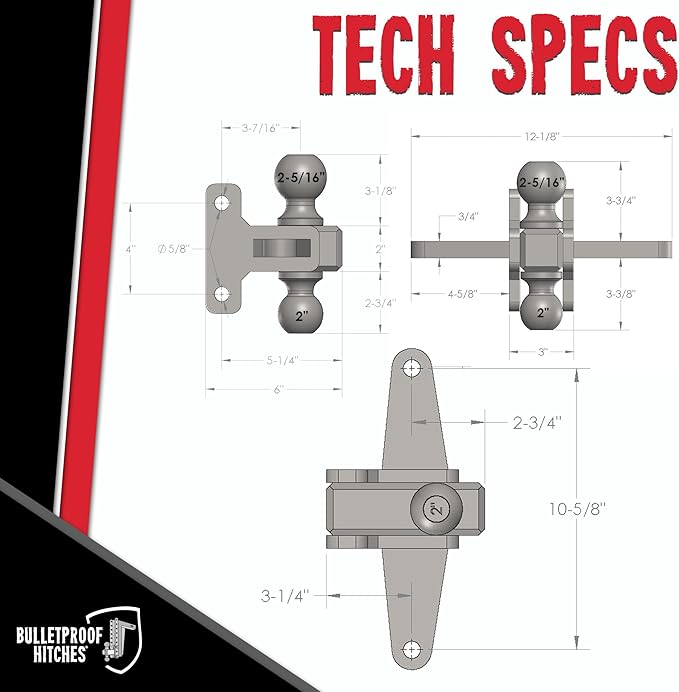 BulletProof Hitches - Extreme Duty Sway Control Ball Mount with 2" and 2-5/16" Combination Ball - Rated to 36,000 lbs for Trailer Sway Control - Solid Steel, Black Powder Coat, Corrosion Resistant