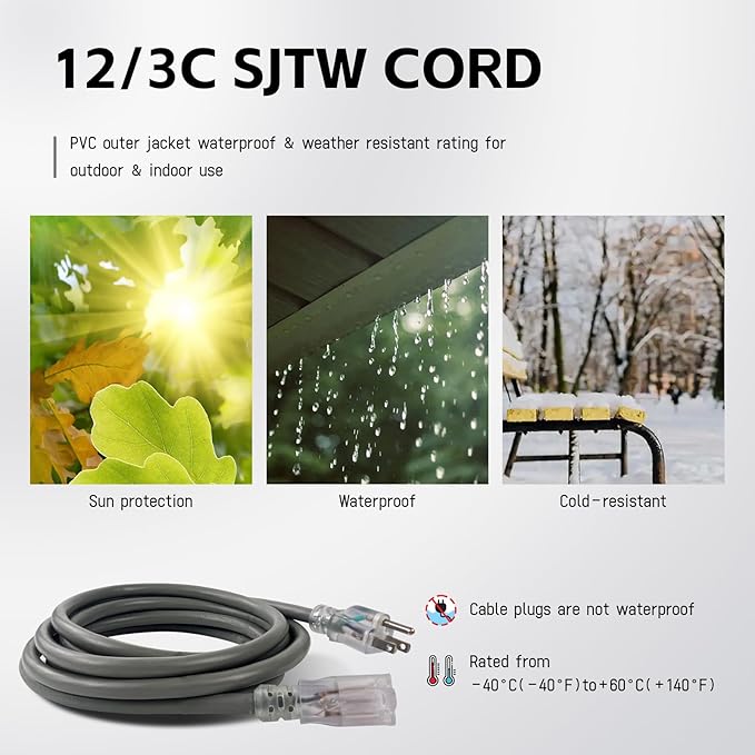 EP 12 Ft Lighted Outdoor Extension Cord - 12/3 SJTW Heavy Duty Grey Extension Cable with 3 Prong Grounded Plug - Power Cord for Lawn, Garden, Appliances