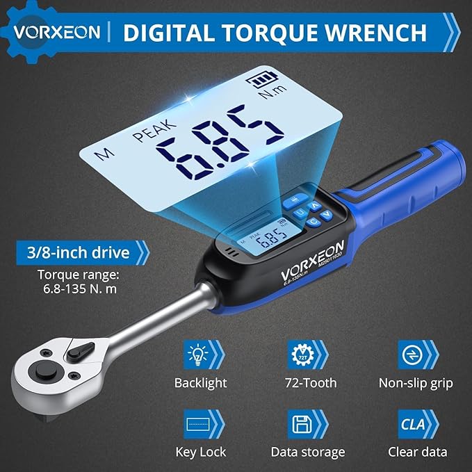 3/8 Digital Torque Wrench (4.9-99.6 Ft-Lb/6.8-135 Nm) ±2% Precision, LED+Buzzer Alerts, 4 Units – Nm, Ft-Lb, In-Lb, Kg-Cm