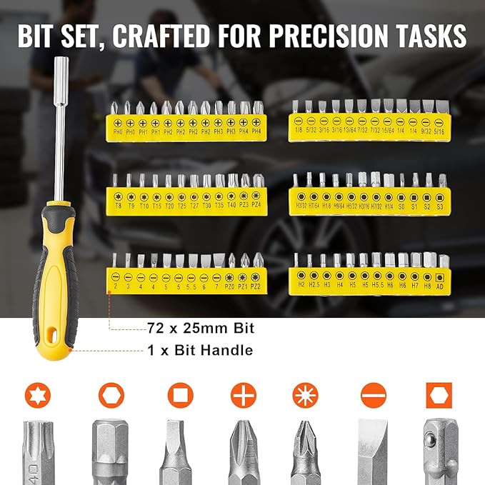 VEVOR Mechanics Tool Set 207 Pieces 1/4" 3/8" 1/2" Drive Sockets -SAE and Metric Mechanic Tool Kit with Bits - Wrenches, Ratchet Handle, Accessories, and Plastic Storage Case - for Automotive Repair