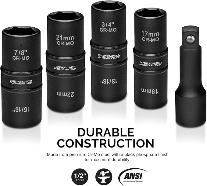 NEIKO 02282B 1/2-Inch-Drive Impact Socket Set, Flip Socket Set, Chrome Moly Steel, Includes 3-Inch Bar Extension, 8 Deep SAE and Metric Sizes, 5 Pieces