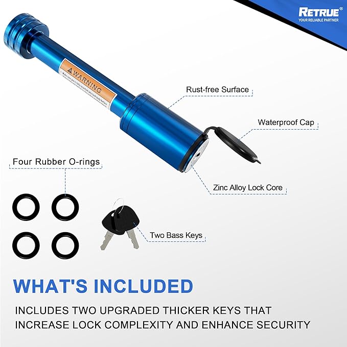 RETRUE Trailer Hitch Receiver Pin Lock - Black, 2 Inch Receiver, 5/8" Dia Hitch Lock for Securely Locking Trailer Hitch with Two Keys, Blue