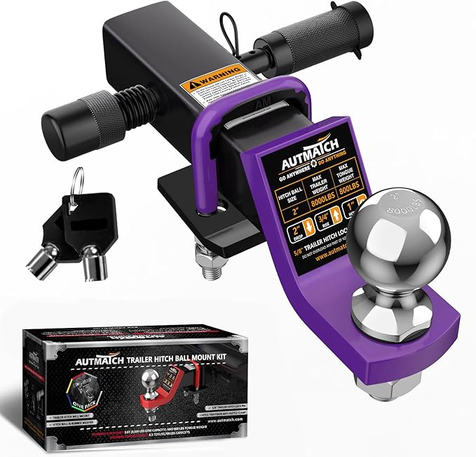 AUTMATCH Trailer Hitch Ball Mount with 2 Inch Hitch Ball - Fits 2" Receiver with Hitch Tightener, 8000Lbs Capacity Ball Hitch, 2-Inch Drop with 5/8" Hitch Lock Pin, Purple & Black