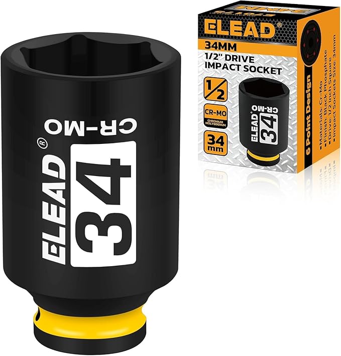 ELEAD 34 mm Socket 1/2" Drive Deep Impact Socket, Metric 6 Point 1/2-inch Drive Impact Axle Nut Sockets, CR-MO Nut Socket Set, Tools for Easy Removal of Axle Shaft Nuts