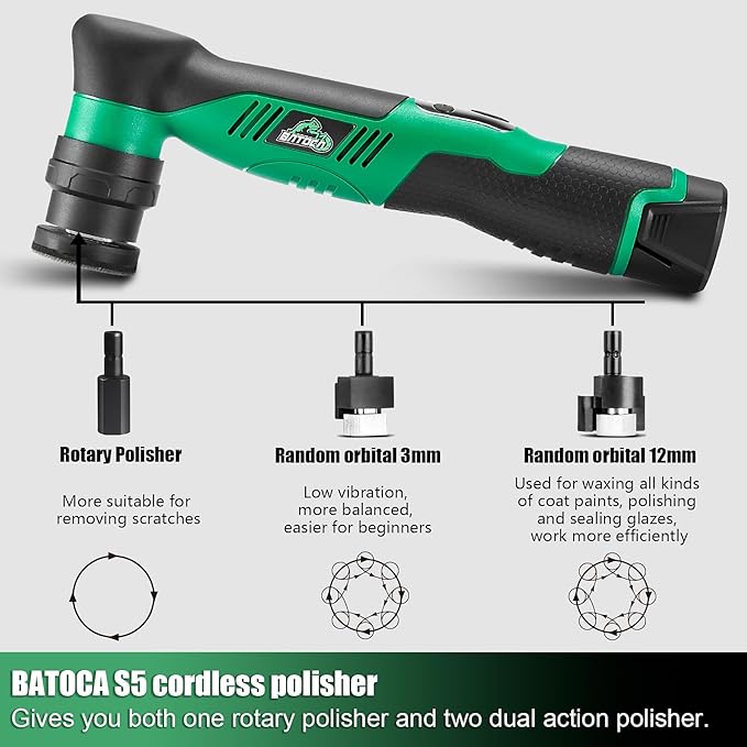 BATOCA S5 Cordless Car Buffer Polisher Sander Dual Action & Rotary Polishing Machine 1/2/3 Inch Polishing Pads for Car Detailing,6 Variable Speeds 2000-5500RPM,Mini Polisher for Car Motorcycle Polish
