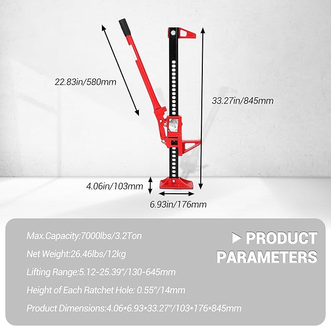 GarveeTech 33" Farm Jack, 3 Ton Capacity Ratcheting Off Road, Utility Heavy-Duty F-arm J-ack for Tractor, Truck, SUV, Lift Height 5.12-25.39 inches