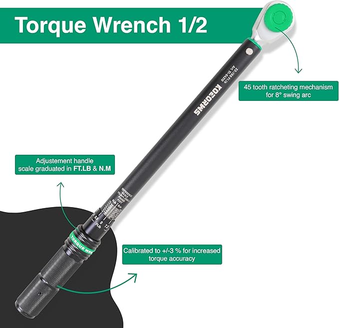 1/2-Inch Drive Click Torque Wrench, 22-150 Ft.lb/29.8-203.4 Nm Dual-direction Torque Wrench with ±3% High Precision, Dual Range Scales, Quick Release Reversible Head for Motorcycle, Car