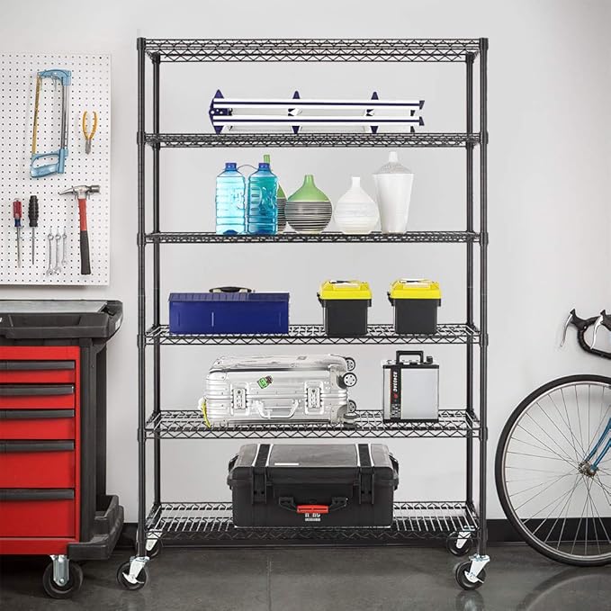 BestMassage Wire Shelving Unit Heavy Duty Garage Storage Shelves Large Metal Shelf Organizer 6-Tier Height Adjustable Commercial Grade Utility Steel Rack with Wheels,18 x 48 x 72 (Black)
