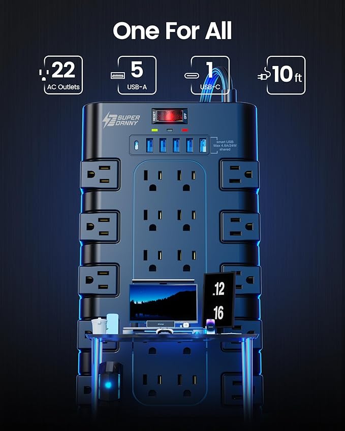 Flat Plug Power Strip 10Ft, SUPERDANNY Surge Protector with 22 AC Outlets and 6 USB Charging Ports, 1875W/15A, 2100 Joules, Heavy Duty Extension Cord 10 ft for Home, Office, Dorm, Gaming Room, Black