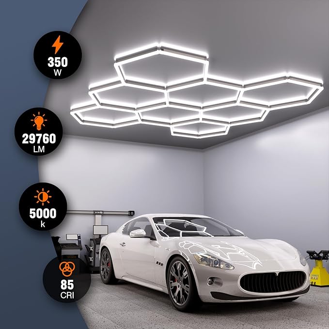 Hexagon Garage Lights, 8-HEX 350W 5000K Daylight Garage LED Lights, Modular Honeycomb Shop Light for Detailing, Workshop, Home Gym, Warehouse, DIY Workspace