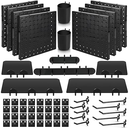 Chunful 58 Pcs Pegboard Organizer Kits Plastic Pegboard Wall Panel Mount Display Accessories Include Storage Boards Buckets and Hooks for Craft Room Garage Kitchen Office(Black)