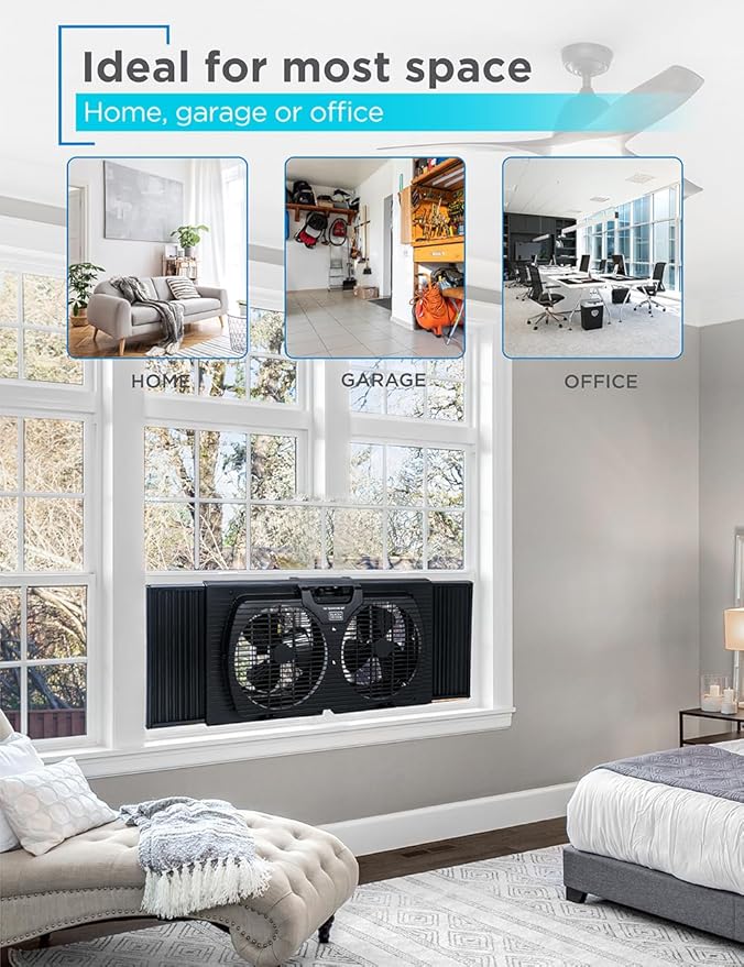 BLACK+DECKER 9" Dual Window Fan with 2 Speed Settings, Twin Fan Heads with Mechanical Dial Control, Removable Legs, For Sliding Windows up to 33” W with Accordion Expanders, BFW9MB, Black