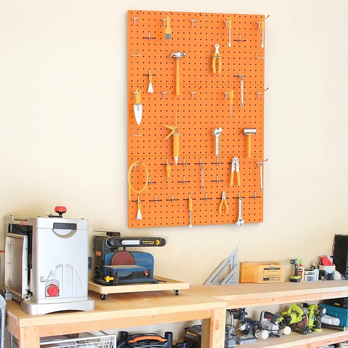 TORACK 3 PCS Metal Pegboard Panels(12x24 inch) for Wall Garage Tools Storage Pegboard for Workbench, Modular Peg Board Tool Organizer Board Kit(Pack of 3, Orange)
