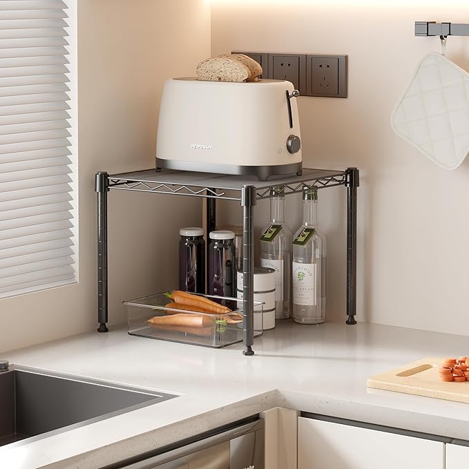 Whitmor 1 Tier Supreme Stacking Shelving Unit, Wire Metal Home Storage Organizer, 15" L x 14" W x 15" H, Black W/Liner