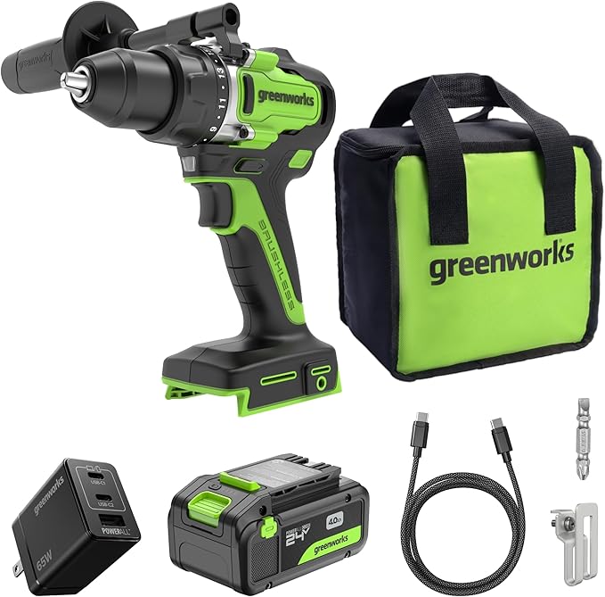 GREENWORKS 24V 1/2” Brushless Cordless Drill (800 In-lbs.), 4.0Ah (24,000mAh Power Bank) USB-C Battery, 3.3 FT Braided Cable, 65W Rapid Charger