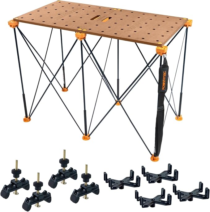 POWERTEC 72291 Arachni-Flex Portable Workbench - 24" x 48" Foldable Tabletop w/Pre-drilled Dog Holes & Quick-Insert Locks & 2x4ft Collapsible Workstand 2500 lbs Capacity 36" Work Height, Woodworking