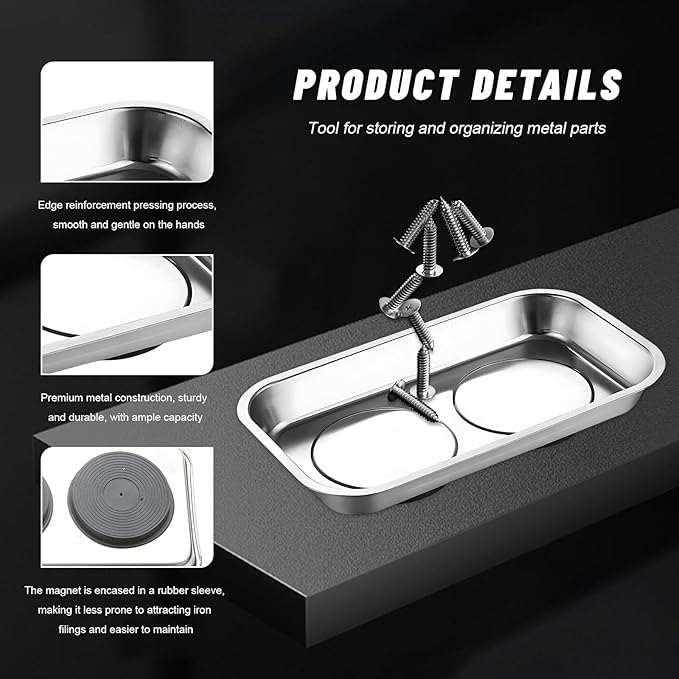 Sun Walker 2 PCS Magnetic Tray Holders, Stainless Steel Tray Set with Strong Magnet, Heavy Duty Thickened Magnetic Trays for Screws Bolts Nuts Washers Pins (9.4"×5.4" Square+4" Round)
