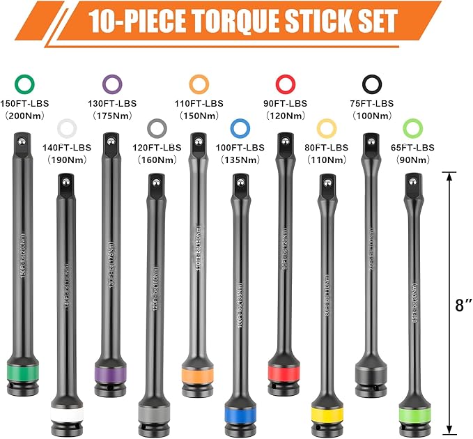 Torque Limiting Extension Bar Kit, 10 Piece 1/2" Drive Torque Wrench Set with Color-Coded Torque Sticks (65-150 Ft-Lbs), Compatible with 1/2" Drive Tools for Lug Nuts, Automotive Repair