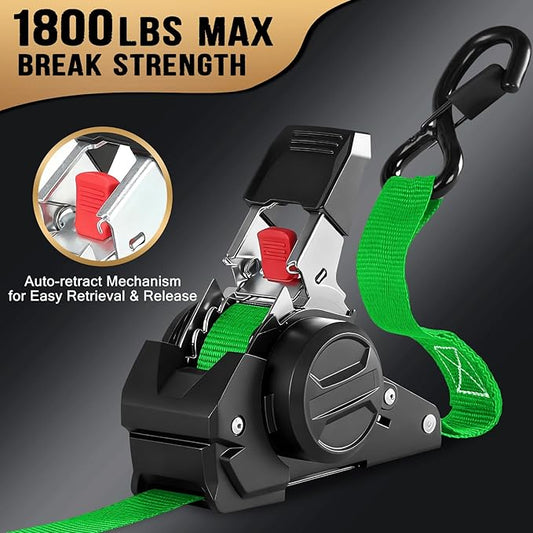 10FT Retractable Ratchet Straps(2-Pack) - 1 Inch (1800 LB Break Strength) Heavy Duty Self Retracting Ratchet Straps with Soft Loops & Storage Bag for Household, Motorcycle, Truck, ATV(Green)