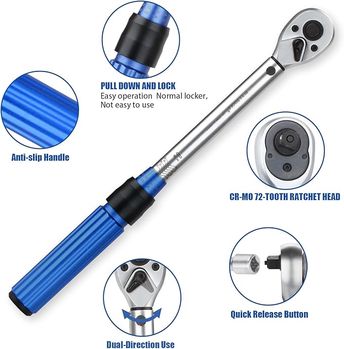 BULLTOOLS 3/8-Inch Drive Click Torque Wrench, Dual-Direction 72-Tooth Torque Wrench Set 7.4-44.3 FT.LB/10-60 Nm Dual Range Scales Torque Wrench for Bike, Motorcycle, Car Spark
