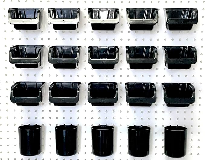 WallPeg Pegboard Bins & Cups - 15 each 5" Bins and 5 each 5" Cups - Hooks to Peg Board Panel Organize Hardware Arrange Accessories Workbench Tool Organizer Garage Storage -MADE IN USA-