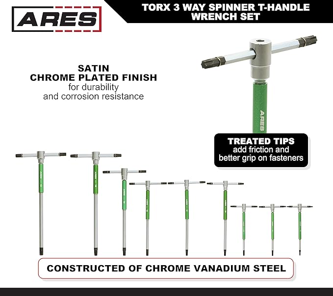 ARES 44003 – 9-Piece Torx 3-Way T-Handle Spinner Star Key Wrench Set – Sizes from T10 to T50 – Sliding Handle, Spinning Sleeve for Versatile Speed and Leverage Application – Friction Treated Tips