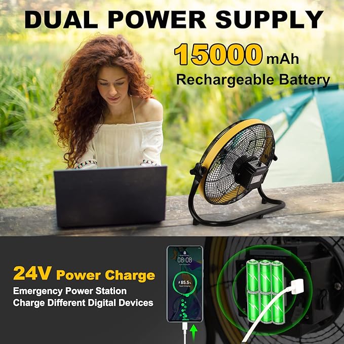 Large Battery Operated Outdoor Rechargeable Camping Fan Up to 30 Hours Battery Powered Floor Fan Cordless Outdoor Battery Fan, 2 Hours Fast Charging,16 inches