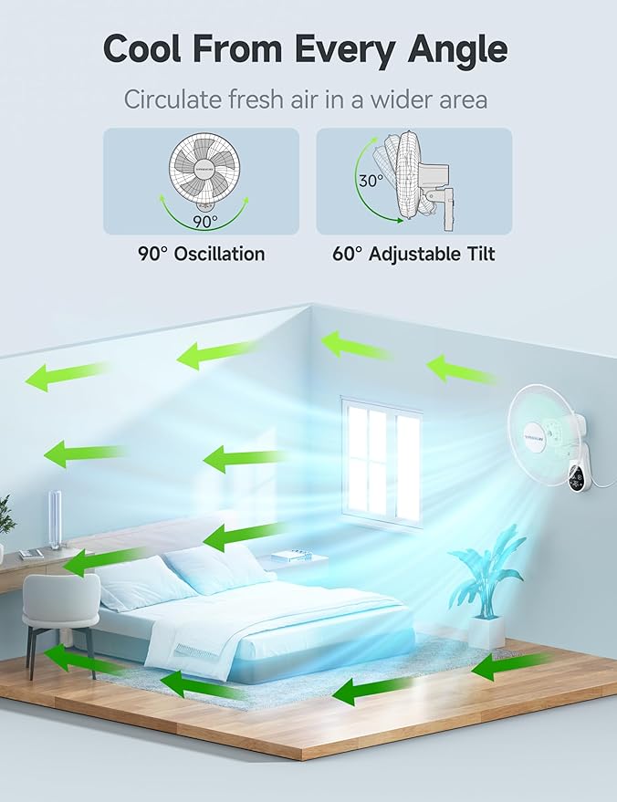 VAGKRI Wall Mount Fan, 16 Inch Quiet Oscillating Fan with Remote, 5 Blades, 5 Speeds, 3 Wind Modes, 8 Hour Timer for Home Office Bedroom Living Room Garage