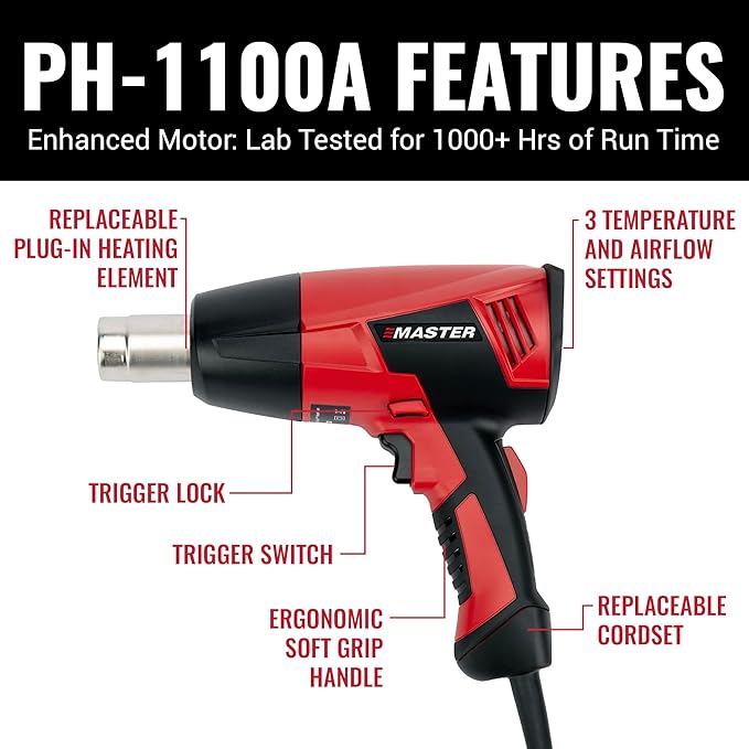 Master Appliance Proheat PH-1100A Professional Industrial Electric Heat Gun, Quick Change Heating Element, Temp 1200F & 600F, 1560 Watts, 120V, 13A, Engineered in the USA