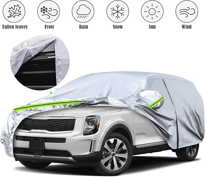 Waterproof Car Covers Replace for 2020-2024 Kia Telluride, 6 Layers Silver All Weather Car Cover with Zipper Door & Windproof Bands for Snow Rain Dust Protection