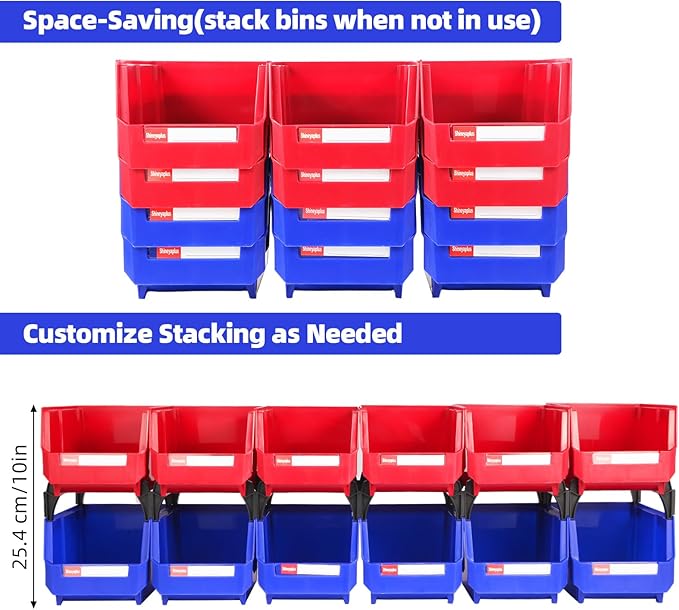 Stackable Storage Bins 12 Pack (7x5x4 Inch), Plastic Stackable Storage Organizer Bins Wall Mounted Hanging Small Parts Bin for Garage, Workbench & Office (Blue & Red)