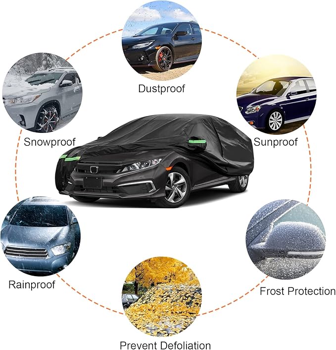 Waterproof Car Cover Compatible with Honda Civic Sedan 2011-2025, Black Car Cover with Inner Cotton & Safety Lock for Snow Rain Dust Hail Sun Protection