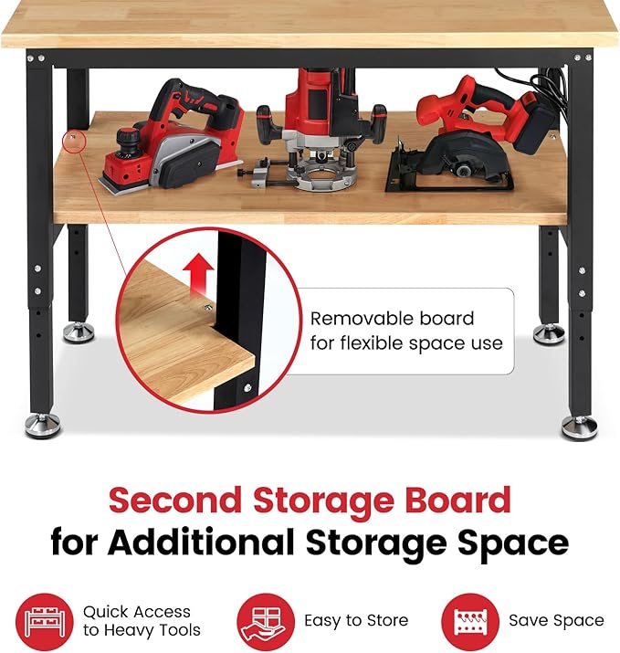ENJOYWOOD 48" x 20" Adjustable Height Workbench with Under Table Shelf Heavy Duty Rubberwood Top Work Table for Garage, Workshop, Office & Home