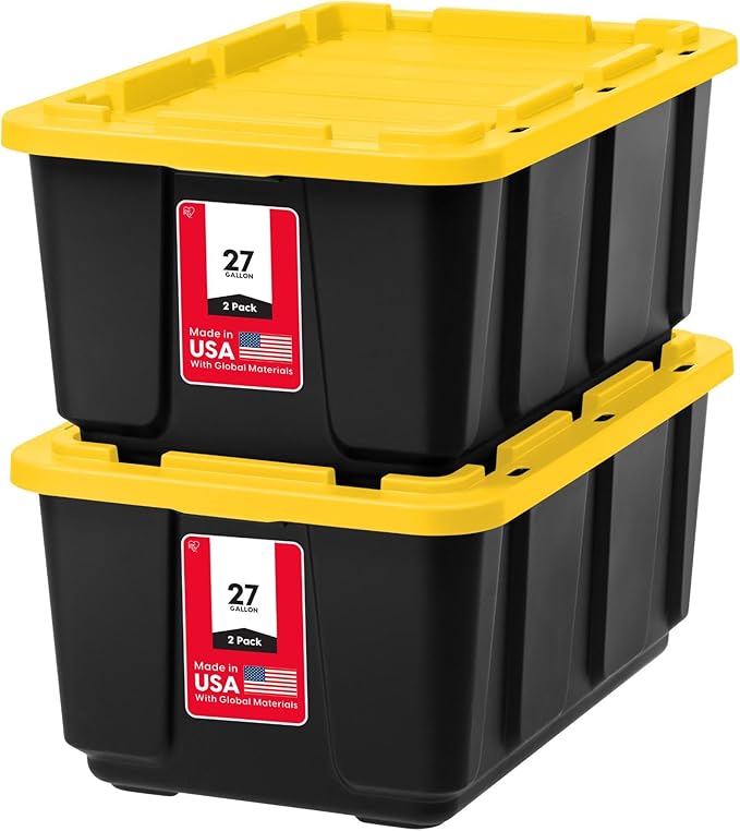 IRIS USA 2-Pack 27 Gallon Storage Bins with Lids |Made in USA| Heavy Duty Plastic Tote Containers for Truckbed Tool Box Organization, Large - Black/Yellow