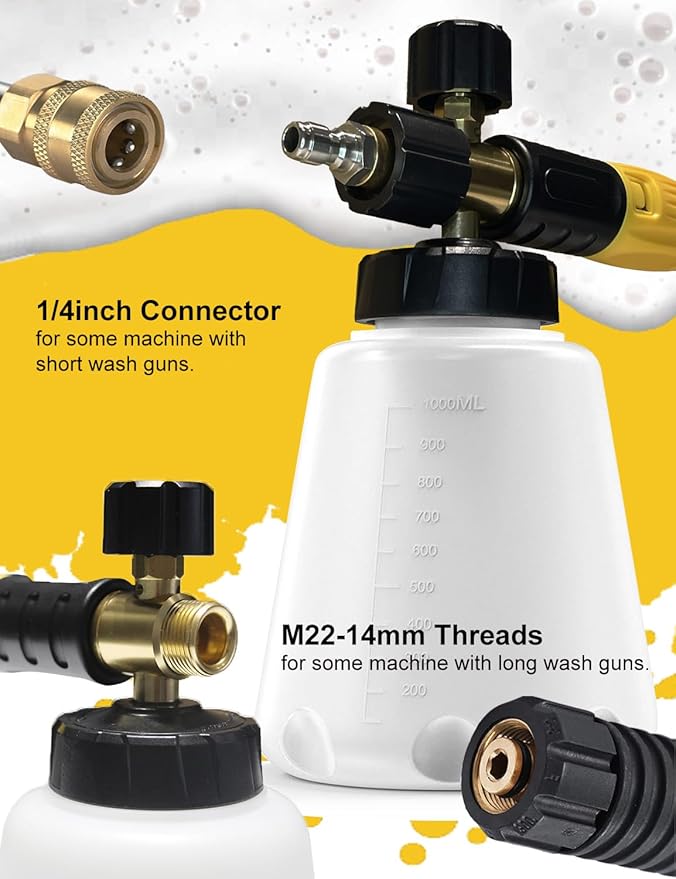 Foam Cannon with Pressure Washer Tips and Nozzle Holder, 4000PSI Car Soap Dispenser for Pressure Washer with M22 and 1/4" Quick Connector,1L Bottle