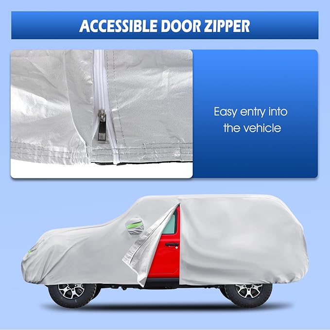 Car Cover Custom Fit for Jeep Wrangler 4 Door 2006-2026 JK JL, Migaven Waterproof Full Exterior Cover Rain Sun Protection with Door Zipper, Silver