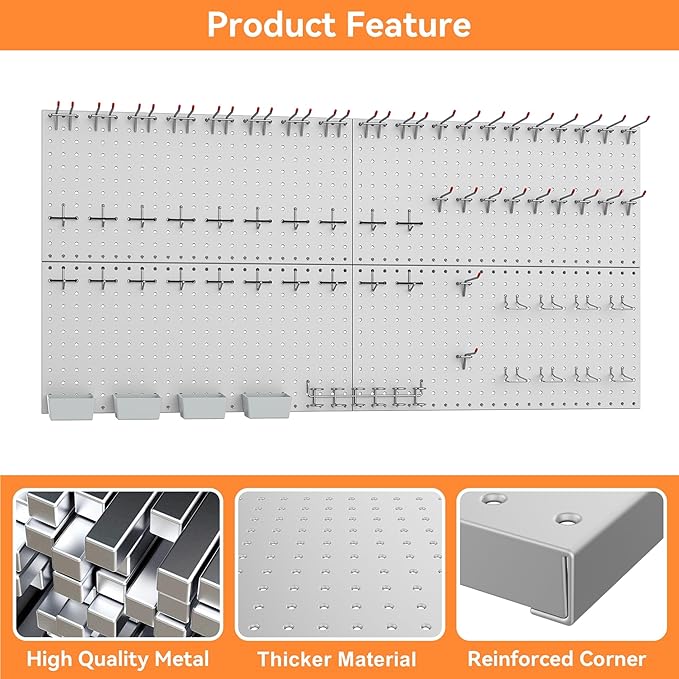 WALMANN Metal Pegboard Kit with Accessories for Wall Garage Tools Storage Pegboard for Garage, Workbench, Modular Peg Board Tool Organizer Board with Hooks(Grey)