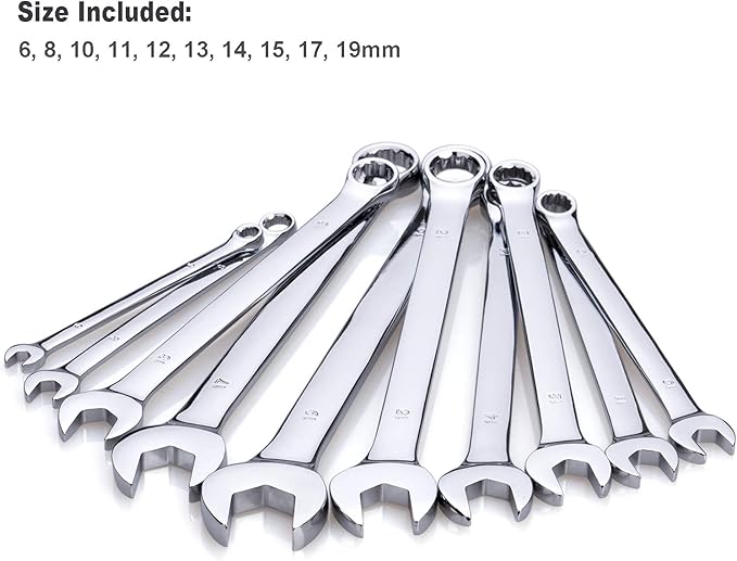 Max Torque 10-Piece Premium Metric Combination Wrench Set, Chrome Vanadium Steel, Long Pattern Design | Include Metric Sizes 6, 8, 10, 11, 12, 13, 14, 15, 17, 19mm with Storage Rack Organizer