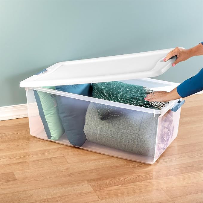 Sterilite 16-Pack Latching Box, Under Bed Storage Bins with Lids, Clear Plastic, 106 Quart - Heavy-Duty Organizing Containers for Closet, Bathroom, and Office
