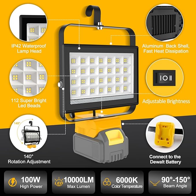 T-SUNiceM Cordless LED Work Light Compatible with Dewalt 20v Max Battery, 100W 10000LM Flood Light, Flashlight for Dewalt 20v Tools with USB & Type-C Charging and Pivoting Head for Jobsite, Camping