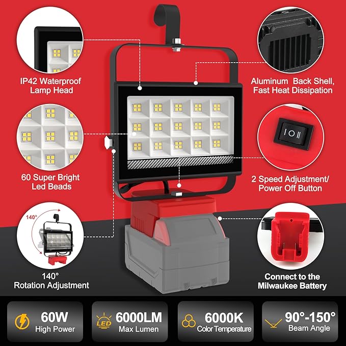 Cordless LED Work Light Compatible with Milwaukee 18V Battery, 60W 6000LM Flood Light, Flood Light Compatible with m18 Battery with USB & Type-C Charging and 140°Pivoting Head for Jobsite, Camping