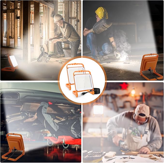 2-Pack 50W Super Bright LED Work Light - 8,000LM (500W Equivalent), IP65 Waterproof, 10ft Heavy Duty Cord, 5000K Daylight, Adjustable Flood Lights for Workshop, Garage, Construction Site