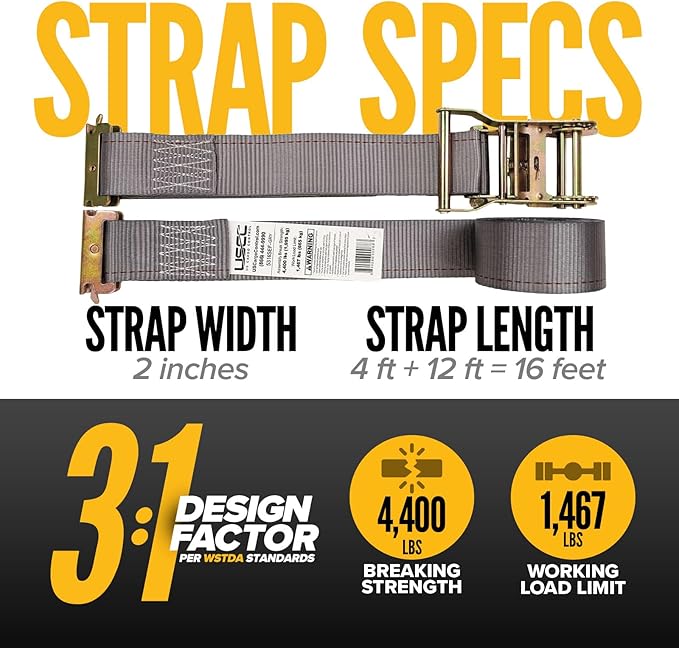 US Cargo Control E Track Straps 2" x 16' (25-Pack), 4,400 LBS Break Strength, Gray Heavy Duty E Track Ratchet Straps with 4' Fixed End and Spring E-Fittings, Logistic Tiedowns for Box Trucks, Vans