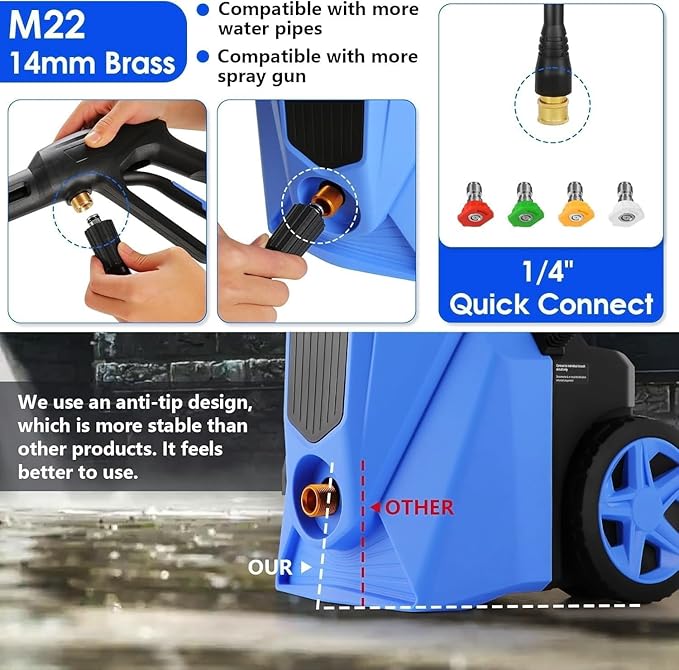 Pressure Cleaner High Power Cleaner with 33ft Power Hose, 4 Nozzles and Soap Bottle, for Home, Cars, Fences, Patio (Light Blue)