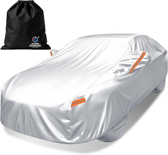 iCOVER Car Cover, Waterproof All Weather Car Covers for Toyota Camry, Honda Accord, BMW 5 Series, Mercedes E-Class,Audi A6 (Length 192" to 198") Outdoor Full Exterior Cover with Detachable Tire Covers