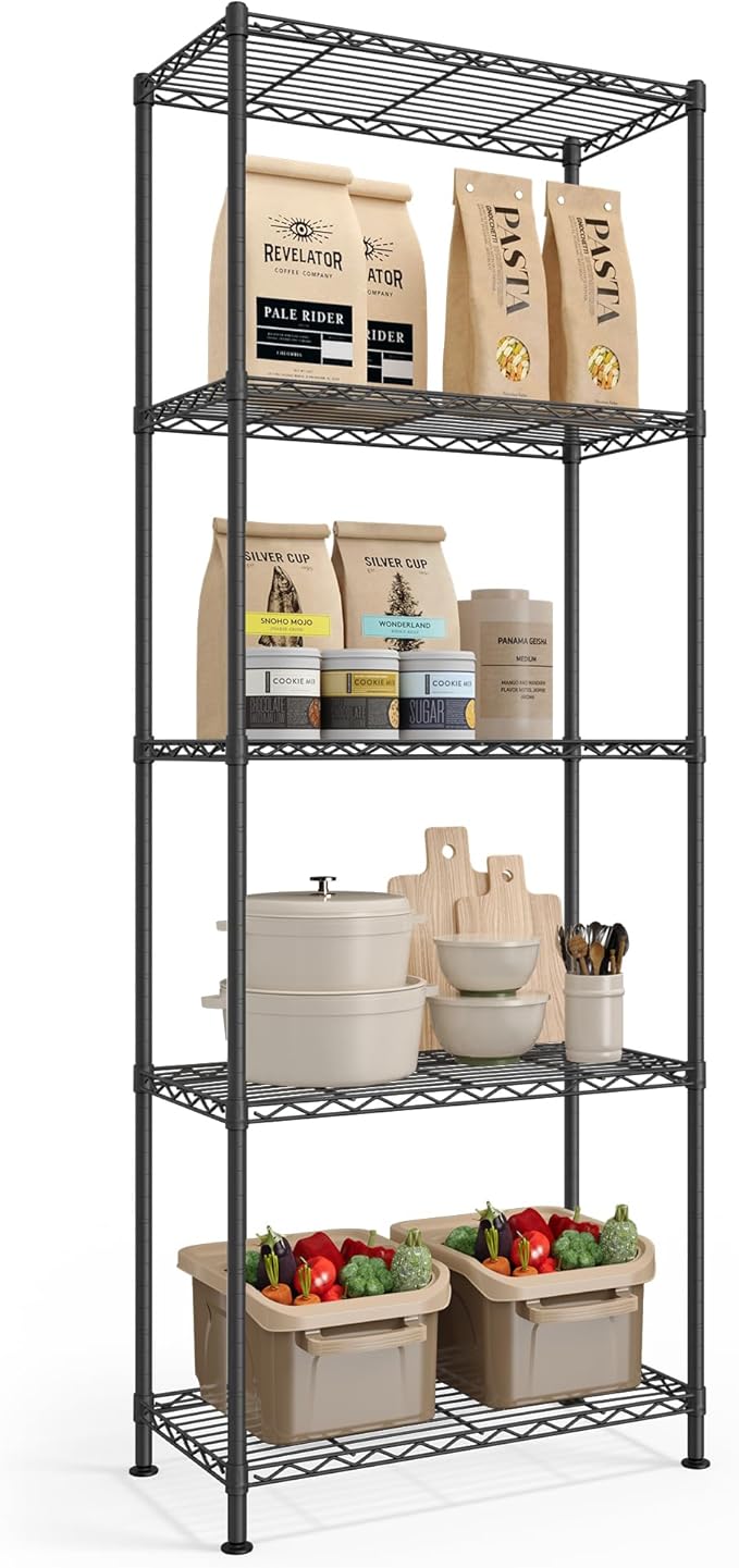 SONGMICS Storage Shelf, Metal Wire Shelving Unit, Adjustable Shelves, for Garage, Bedroom, Living Room, Kitchen, Pantry, 5 Tier, 11.8 x 23.6 x 63.4 Inches, Ink Black ULGR165BH01S