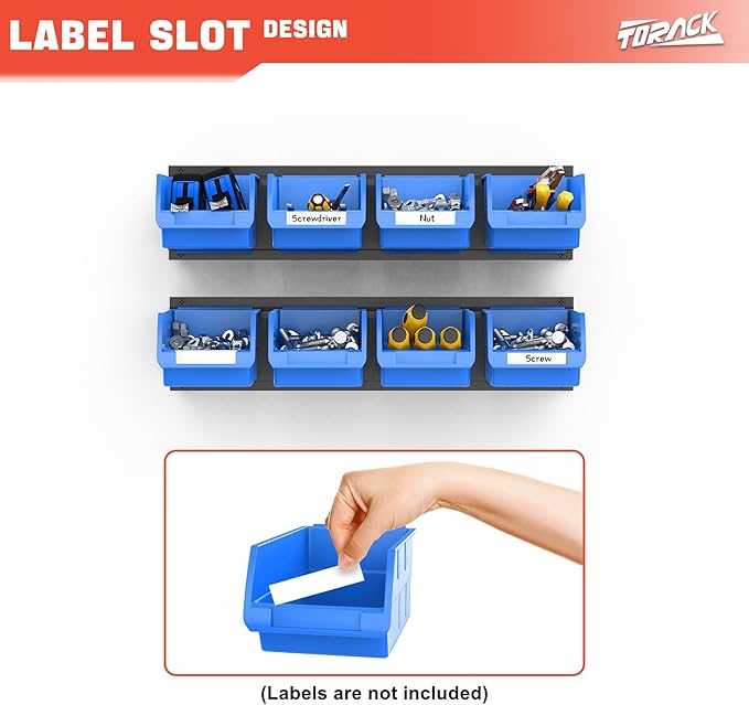 TORACK Wall-Mounted Storage Bins, 16 Plastic Bins for Tools Organization in Garage, Craft Room, and Shop(4-Pack, Blue)